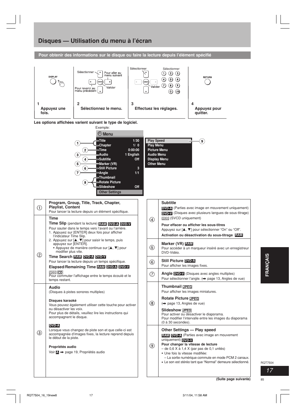 Disques — utilisation du menu à l’écran | Panasonic SCPM39D User Manual | Page 85 / 104