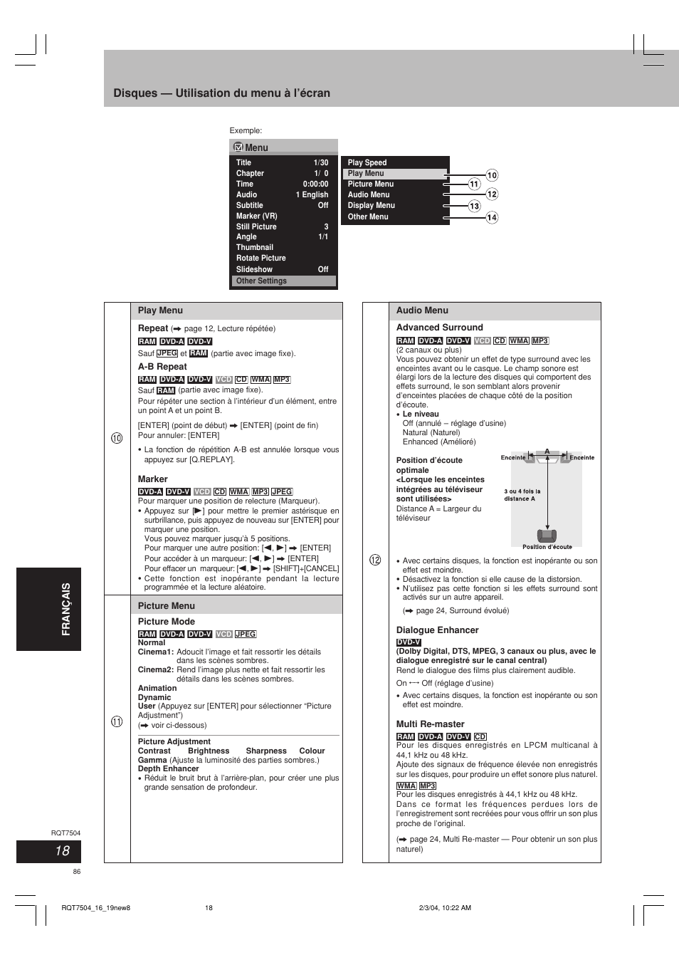 Disques — utilisation du menu à l’écran | Panasonic SCPM39D User Manual | Page 86 / 104
