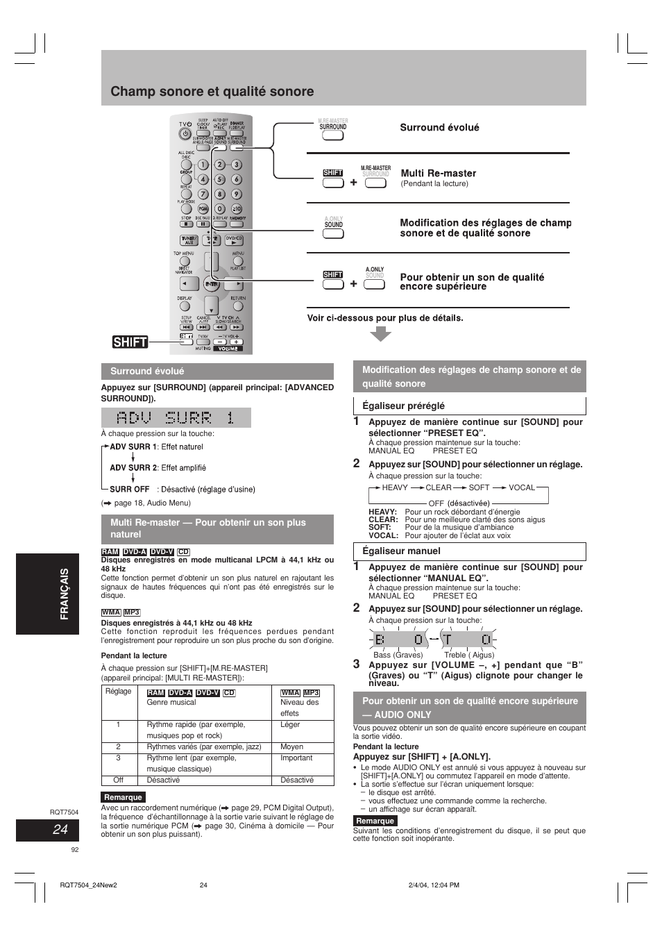Champ sonore et qualité sonore | Panasonic SCPM39D User Manual | Page 92 / 104