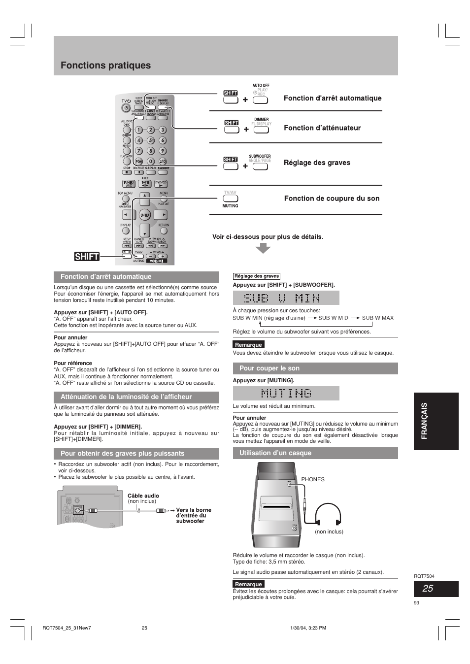 Fonctions pratiques, Deutsch it aliano français, Fonction d’arrêt automatique | Atténuation de la luminosité de l’afficheur, Pour obtenir des graves plus puissants, Pour couper le son, Utilisation d’un casque | Panasonic SCPM39D User Manual | Page 93 / 104