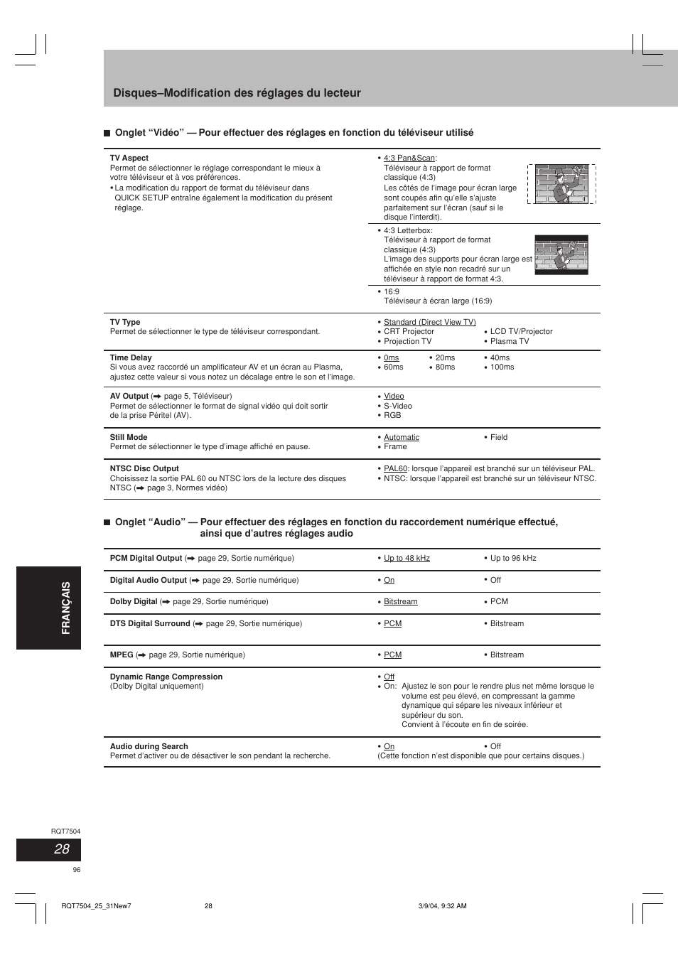 Disques–modification des réglages du lecteur | Panasonic SCPM39D User Manual | Page 96 / 104