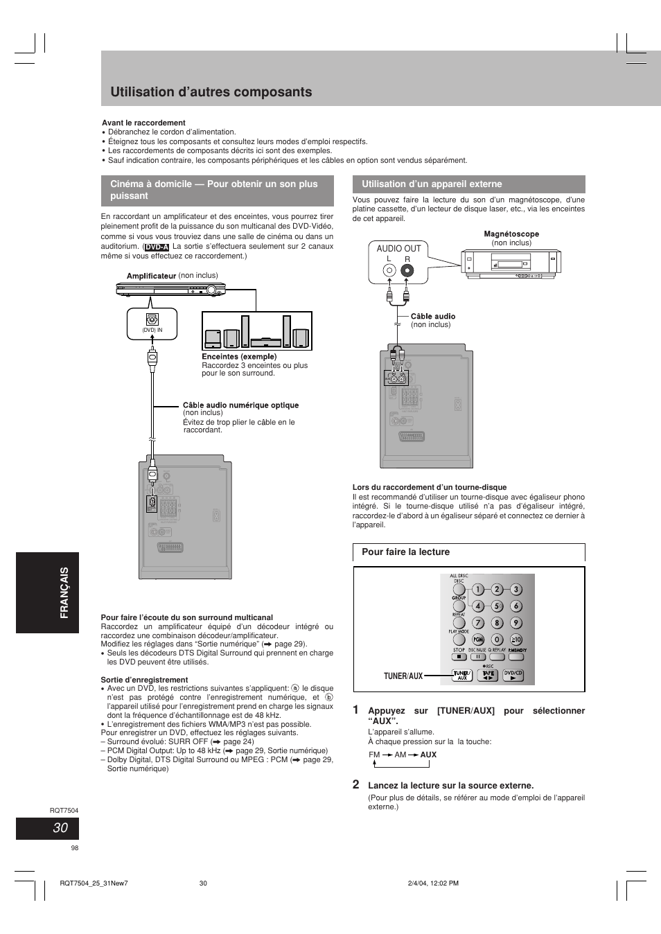 Utilisation d’autres composants, Deutsch it aliano fran ç ais, Volume | Utilisation d’un appareil externe, Pour faire la lecture, Audio out, Tuner/aux, Appuyez sur [tuner/aux] pour sélectionner “aux, Lancez la lecture sur la source externe | Panasonic SCPM39D User Manual | Page 98 / 104