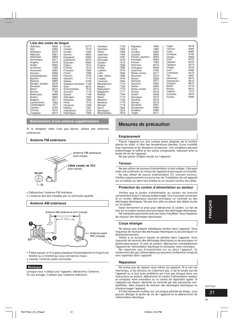 Mesures de précaution, Deutsch it aliano fran ç ais | Panasonic SCPM39D User Manual | Page 99 / 104