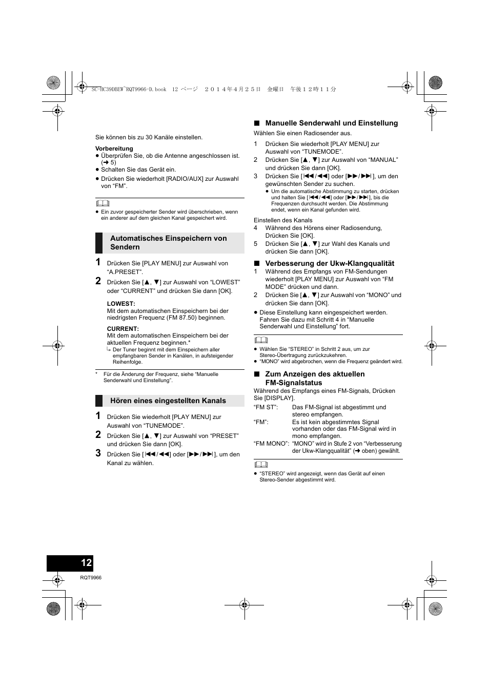 Fm-radio hören | Panasonic SCHC39DBEW User Manual | Page 12 / 64