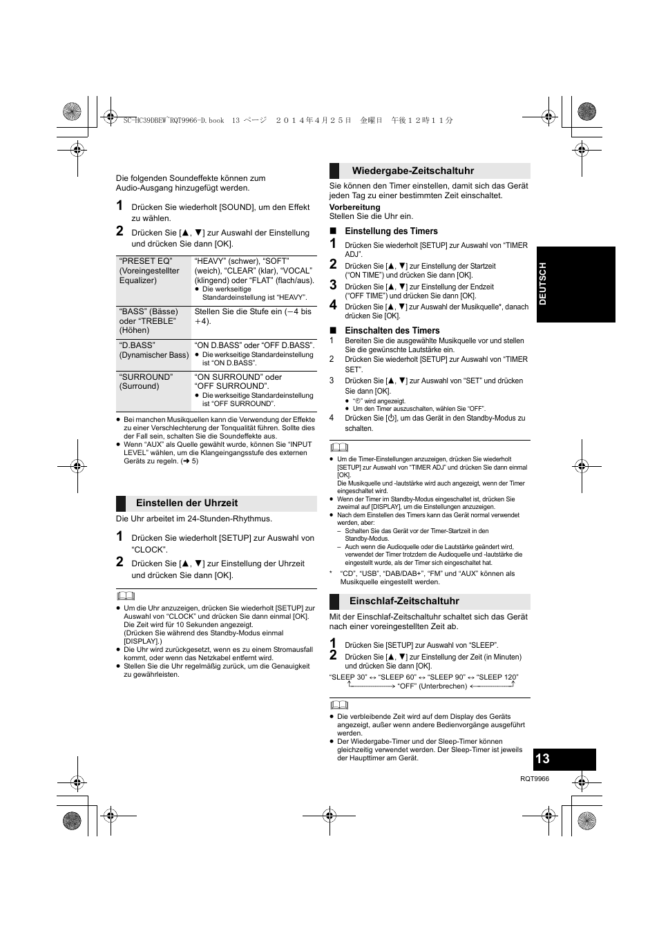 Sound-anpassung, Uhr und timer | Panasonic SCHC39DBEW User Manual | Page 13 / 64