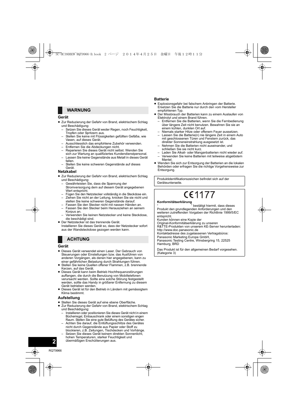 Sicherheitsmaßnahmen, Warnung achtung | Panasonic SCHC39DBEW User Manual | Page 2 / 64