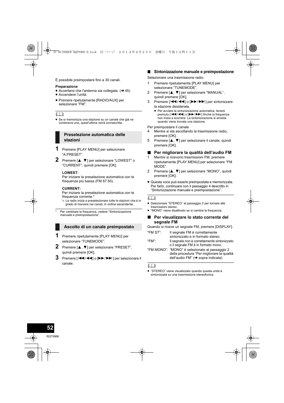 Ascolto della radio fm | Panasonic SCHC39DBEW User Manual | Page 52 / 64