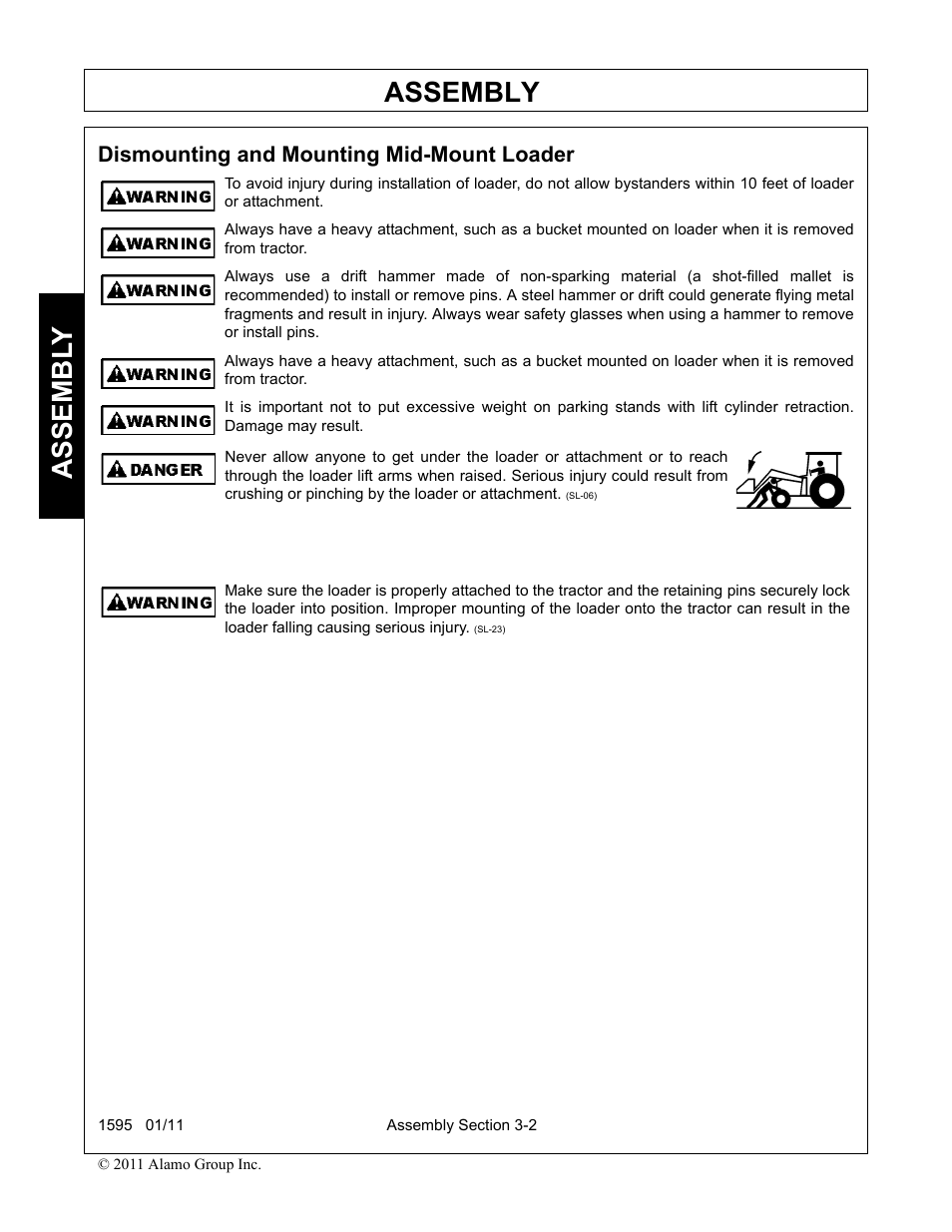 Dismounting and mounting mid-mount loader, Dismounting and mounting mid-mount loader -2, Assembly | Assembl y | Alamo 1595 User Manual | Page 34 / 102