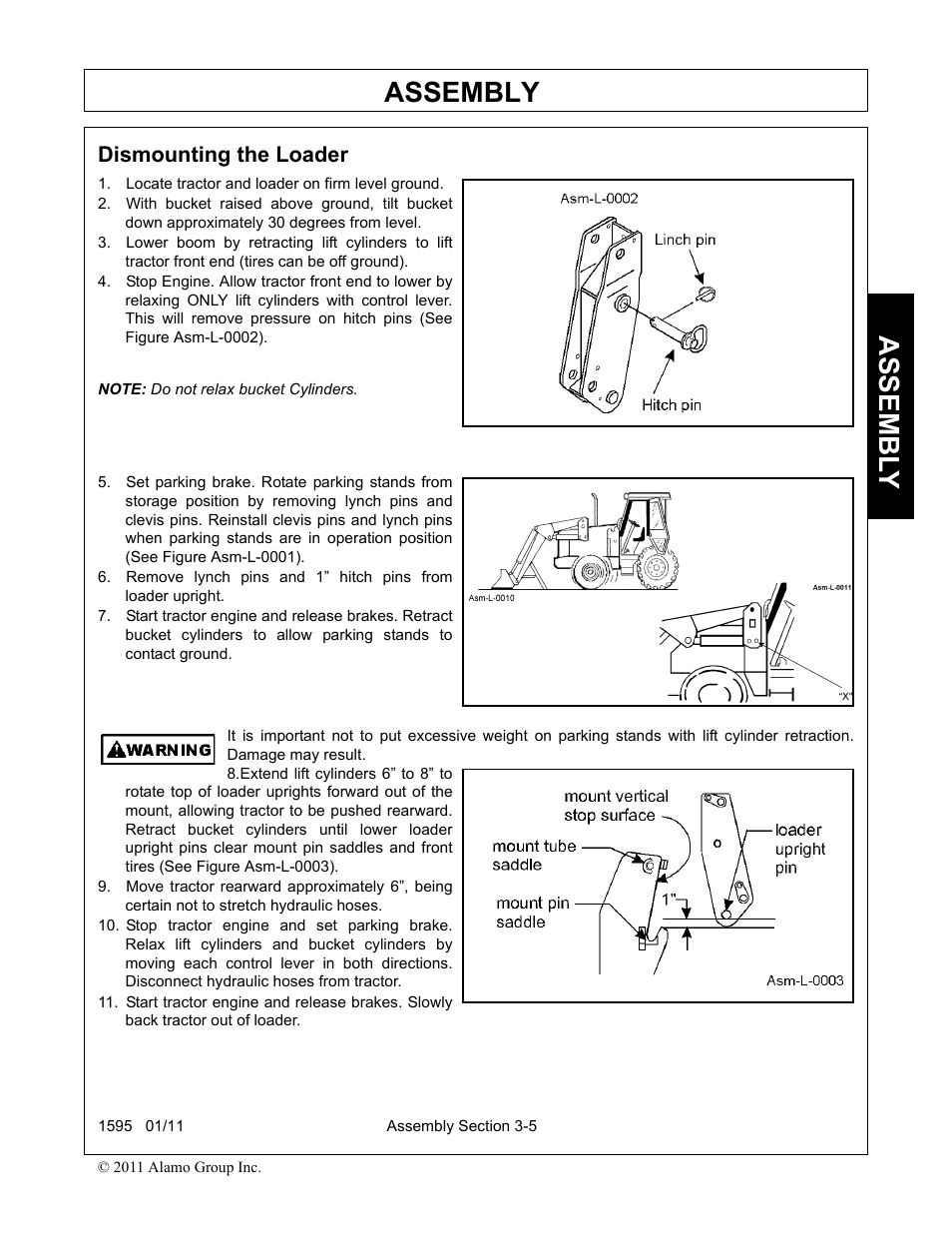 Dismounting the loader, Locate tractor and loader on firm level ground, Dismounting the loader -5 | Assembly, Assembl y | Alamo 1595 User Manual | Page 37 / 102
