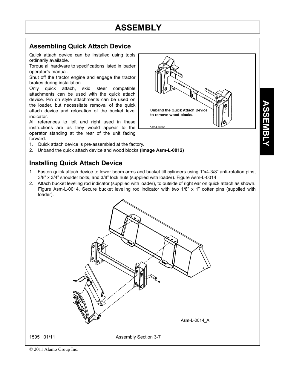 Installing quick attach device, Installing quick attach device -7, Assembly | Assembl y | Alamo 1595 User Manual | Page 39 / 102