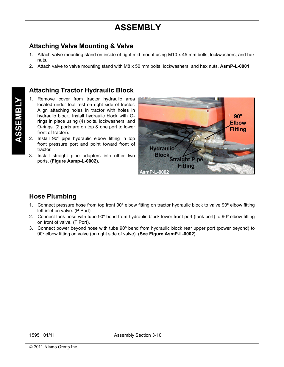 Attaching tractor hydraulic block, Hose plumbing, Assembly | Assembl y, Attaching valve mounting & valve | Alamo 1595 User Manual | Page 42 / 102