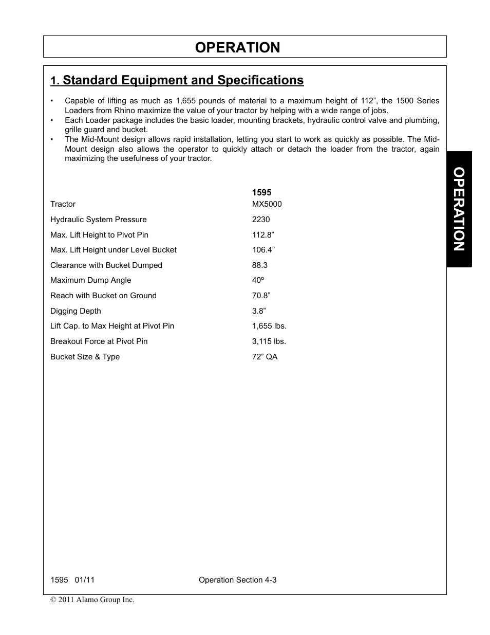 Standard equipment and specifications, Standard equipment and specifications -3, Operation | Opera t ion | Alamo 1595 User Manual | Page 47 / 102