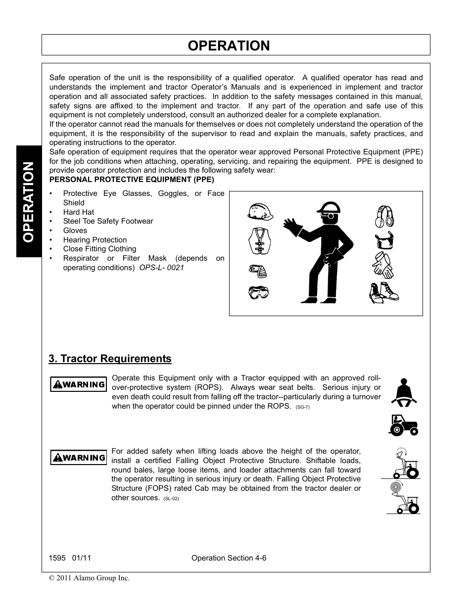 Tractor requirements, Tractor requirements -6, Operation | Opera t ion | Alamo 1595 User Manual | Page 50 / 102