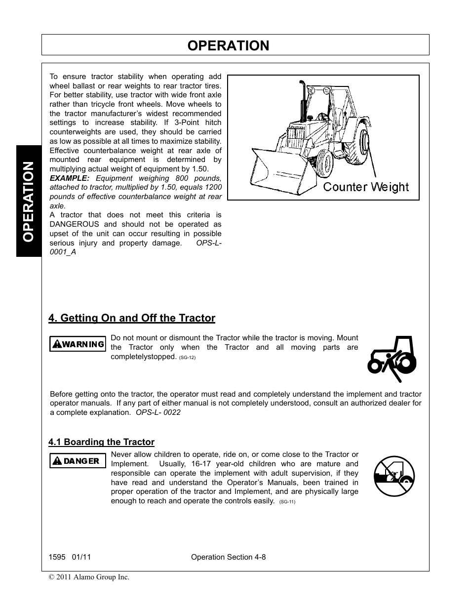 Getting on and off the tractor, 1 boarding the tractor, Operation | Opera t ion | Alamo 1595 User Manual | Page 52 / 102