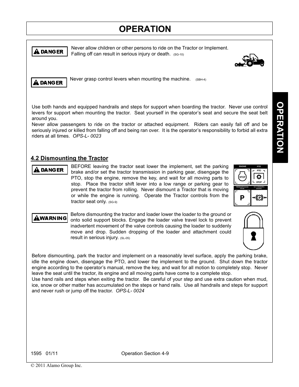 2 dismounting the tractor, Dismounting the tractor -9, Operation | Opera t ion | Alamo 1595 User Manual | Page 53 / 102