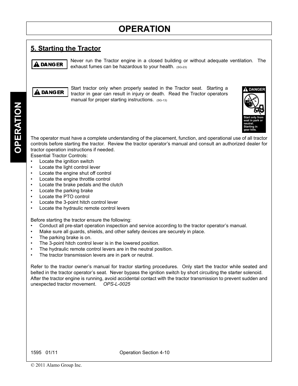 Starting the tractor, Starting the tractor -10, Operation | Opera t ion | Alamo 1595 User Manual | Page 54 / 102