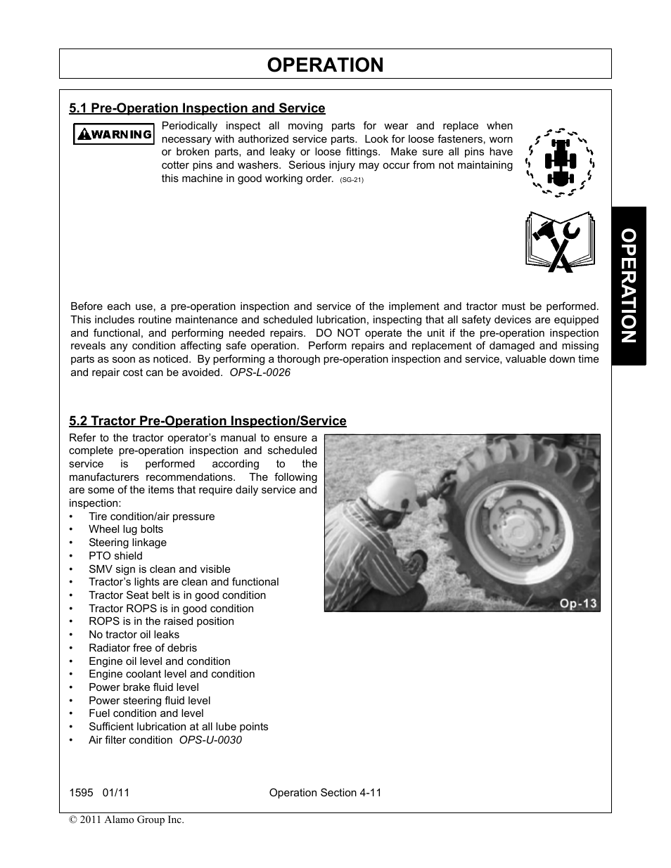 1 pre-operation inspection and service, 2 tractor pre-operation inspection/service, Operation | Opera t ion | Alamo 1595 User Manual | Page 55 / 102