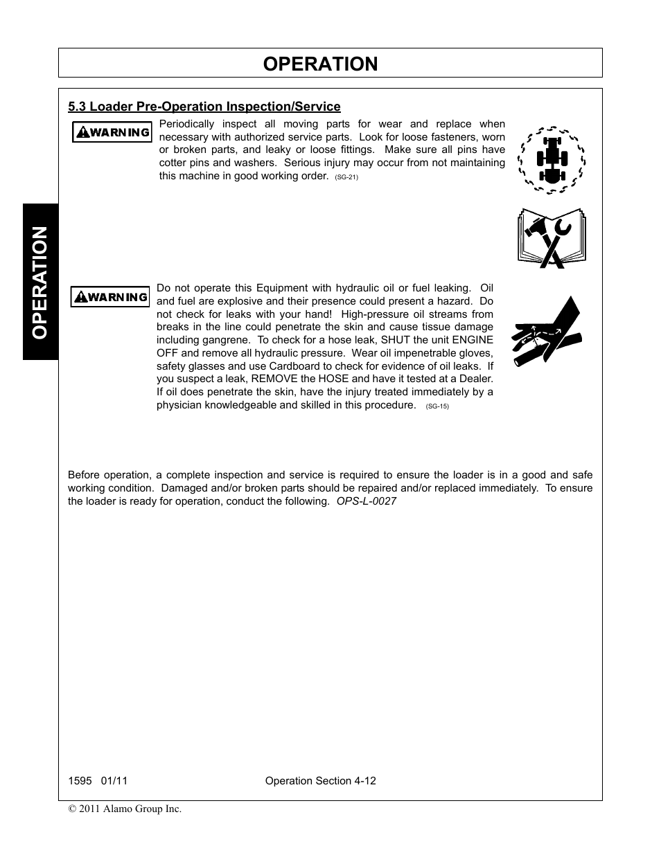 3 loader pre-operation inspection/service, Loader pre-operation inspection/service -12, Operation | Opera t ion | Alamo 1595 User Manual | Page 56 / 102