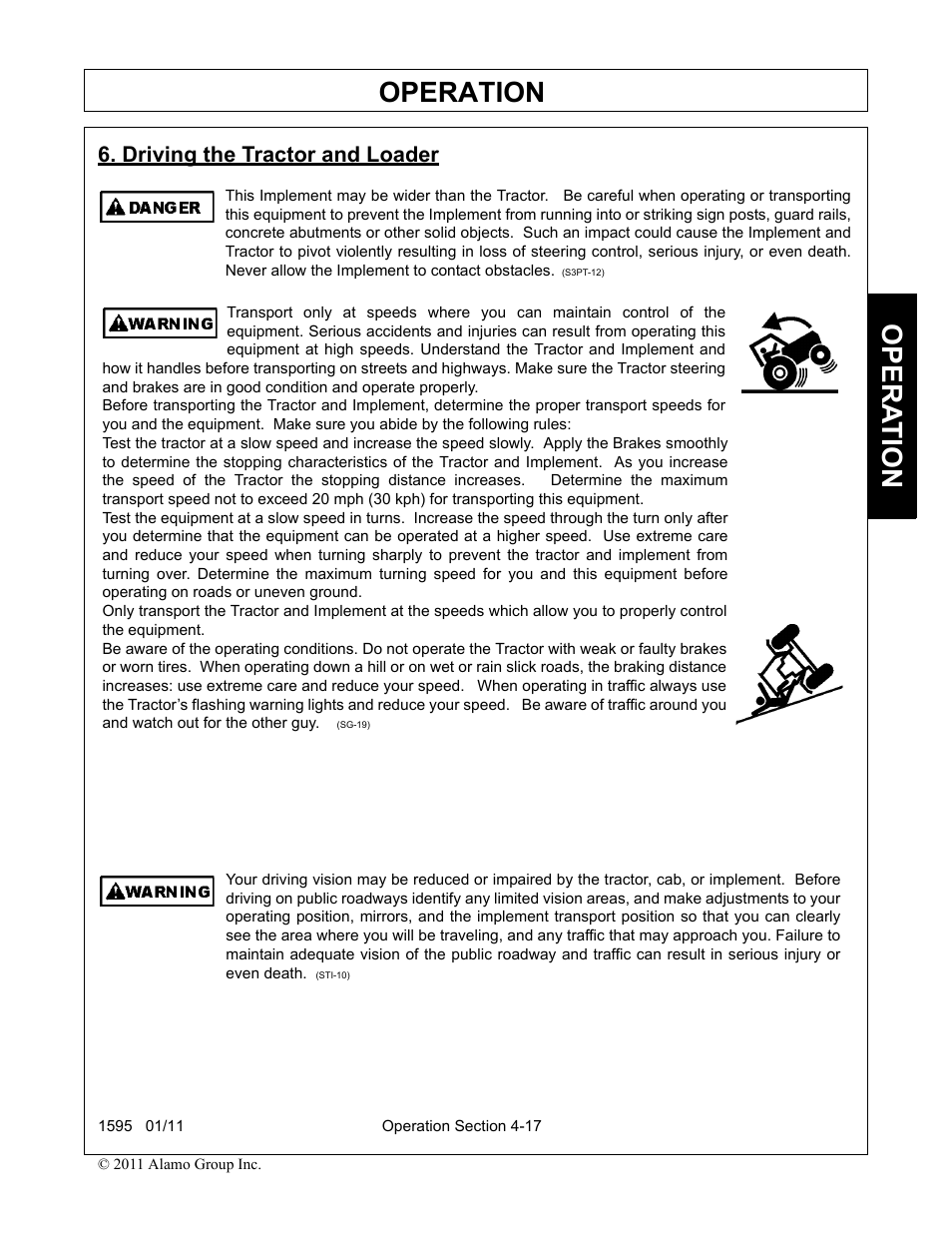 Driving the tractor and loader, Driving the tractor and loader -17, Operation | Opera t ion | Alamo 1595 User Manual | Page 61 / 102