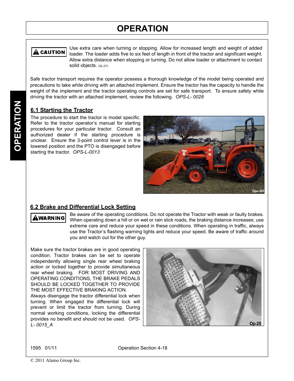 1 starting the tractor, 2 brake and differential lock setting, Operation | Opera t ion | Alamo 1595 User Manual | Page 62 / 102