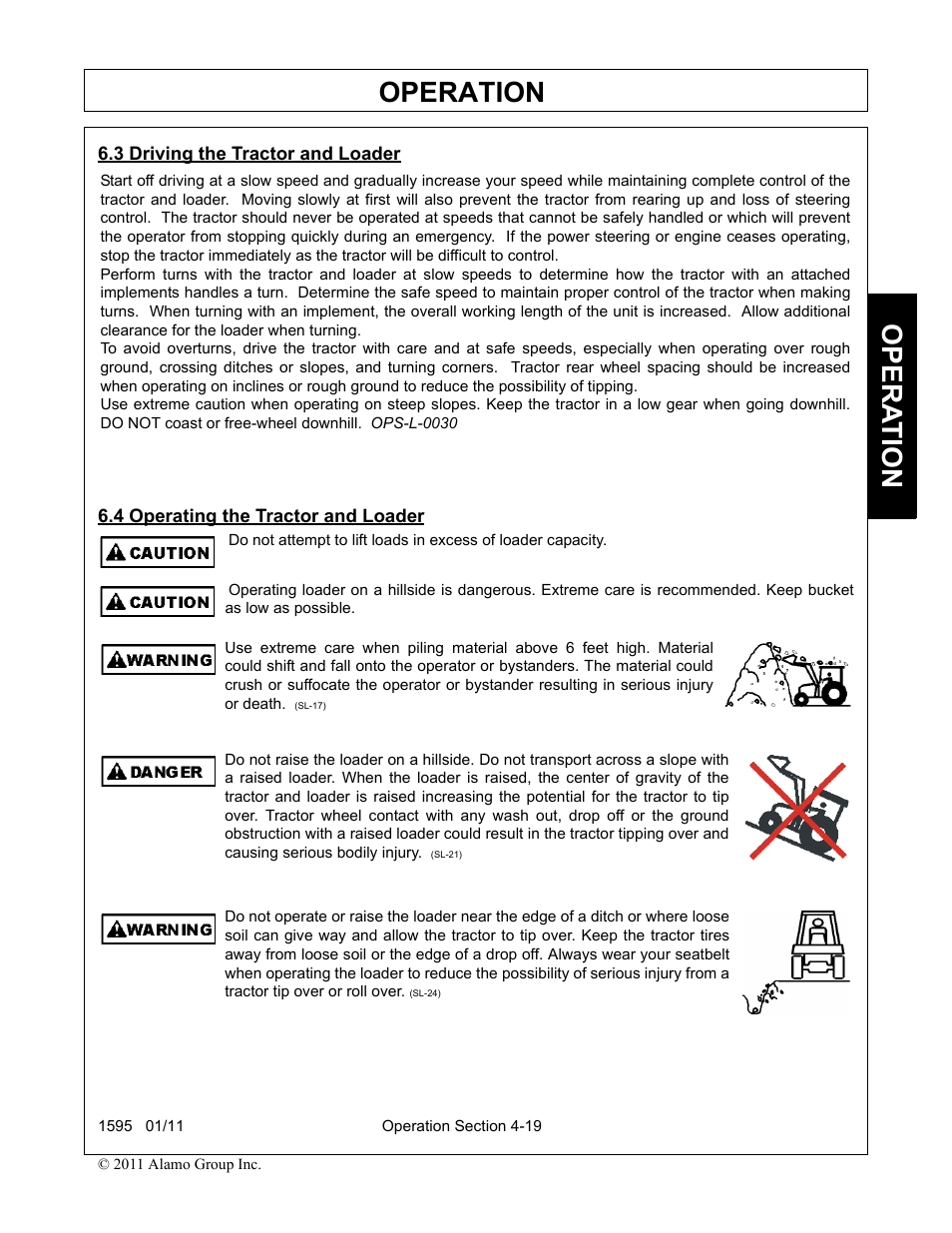 3 driving the tractor and loader, 4 operating the tractor and loader, Operation | Opera t ion | Alamo 1595 User Manual | Page 63 / 102