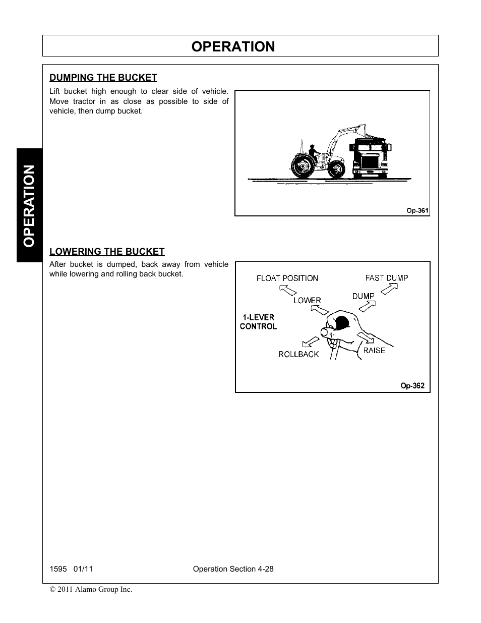Lowering the bucket, Operation, Opera t ion | Alamo 1595 User Manual | Page 72 / 102