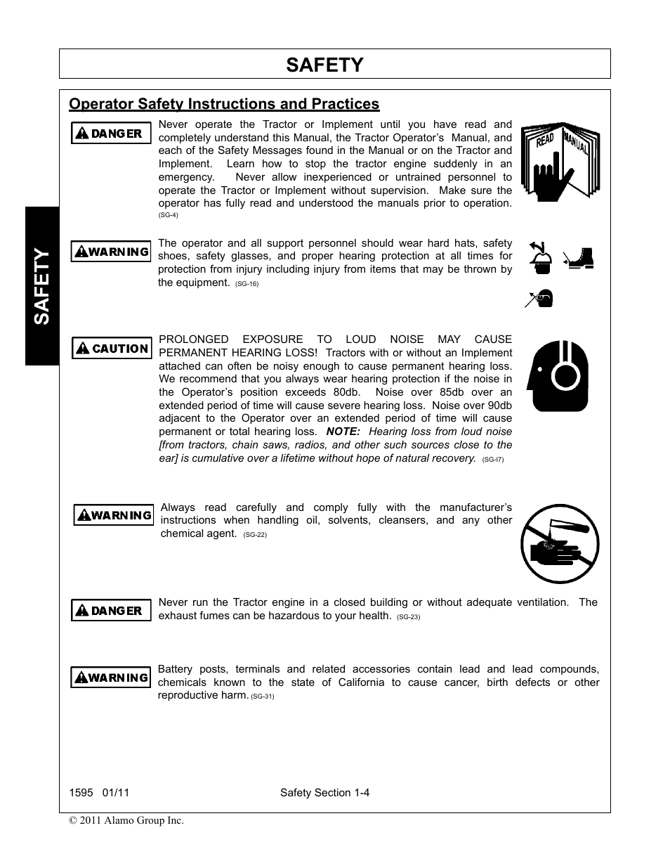 Operator safety instructions and practices, Operator safety instructions and practices -4, Safety | Alamo 1595 User Manual | Page 8 / 102