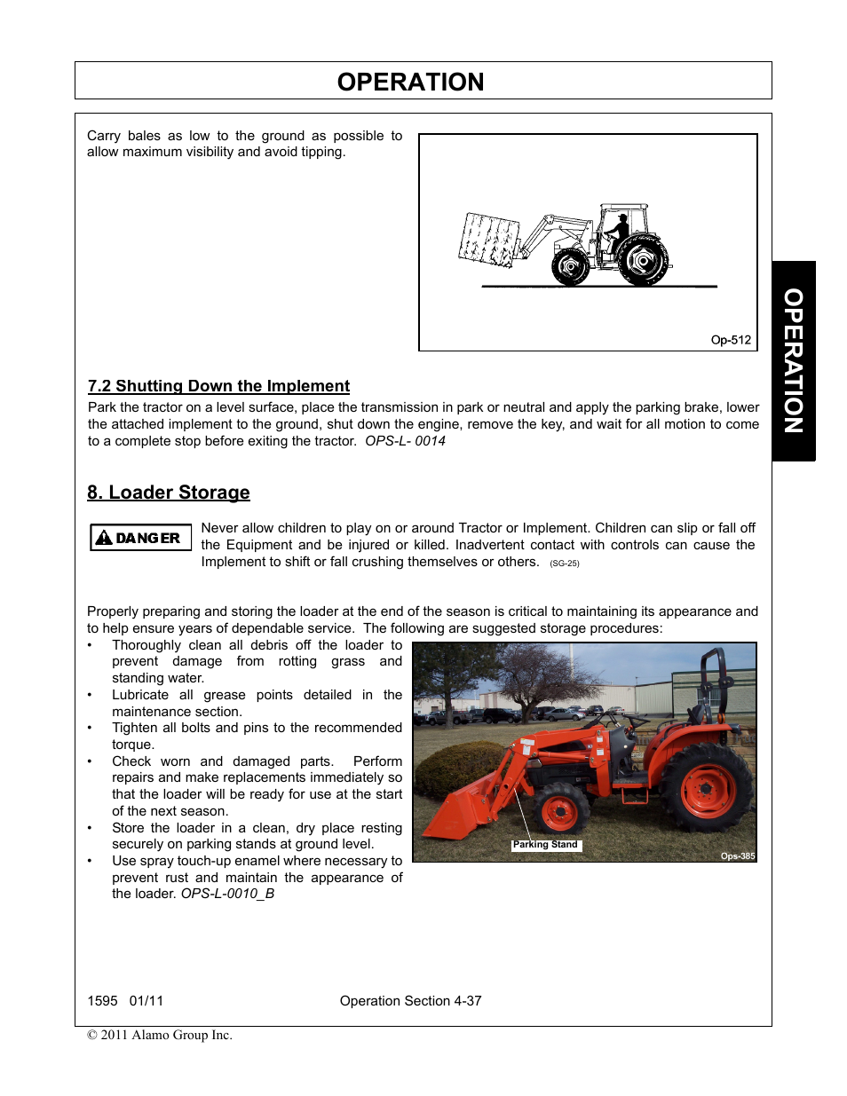 2 shutting down the implement, Loader storage, Shutting down the implement -37 | Loader storage -37, Operation, Opera t ion | Alamo 1595 User Manual | Page 81 / 102