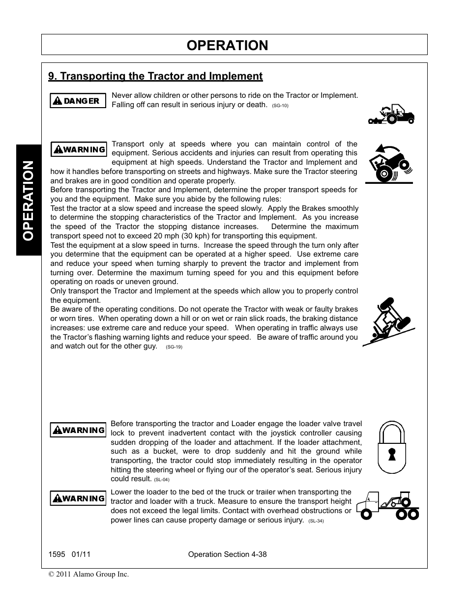 Transporting the tractor and implement, Transporting the tractor and implement -38, Operation | Opera t ion | Alamo 1595 User Manual | Page 82 / 102