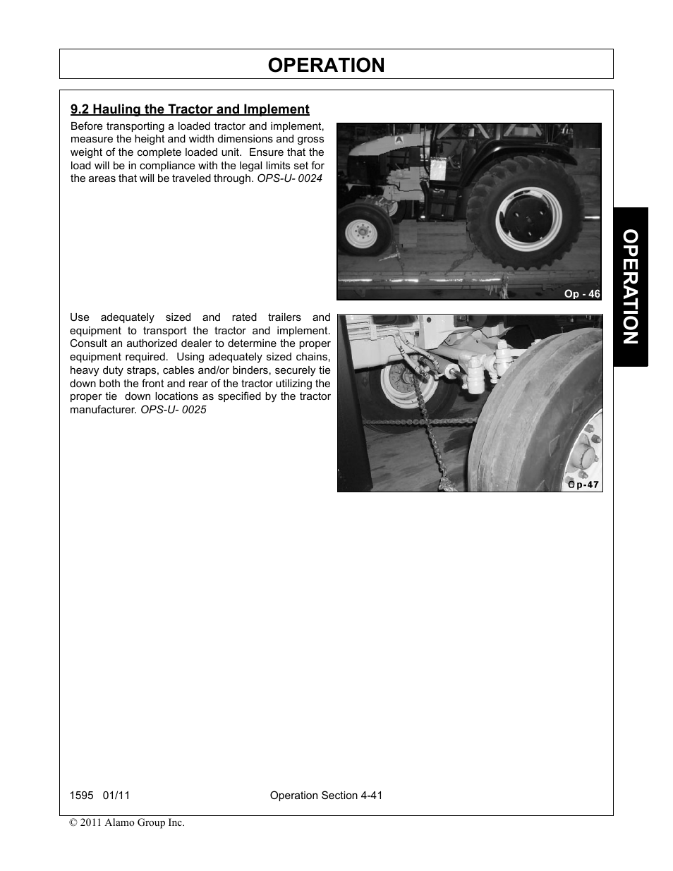 2 hauling the tractor and implement, Hauling the tractor and implement -41, Operation | Opera t ion | Alamo 1595 User Manual | Page 85 / 102