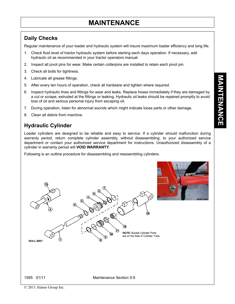 Daily checks, Check all bolts for tightness, Lubricate all grease fittings | Clean all debris from machine, Hydraulic cylinder, Daily checks -5 hydraulic cylinder -5, Maintenance | Alamo 1595 User Manual | Page 93 / 102
