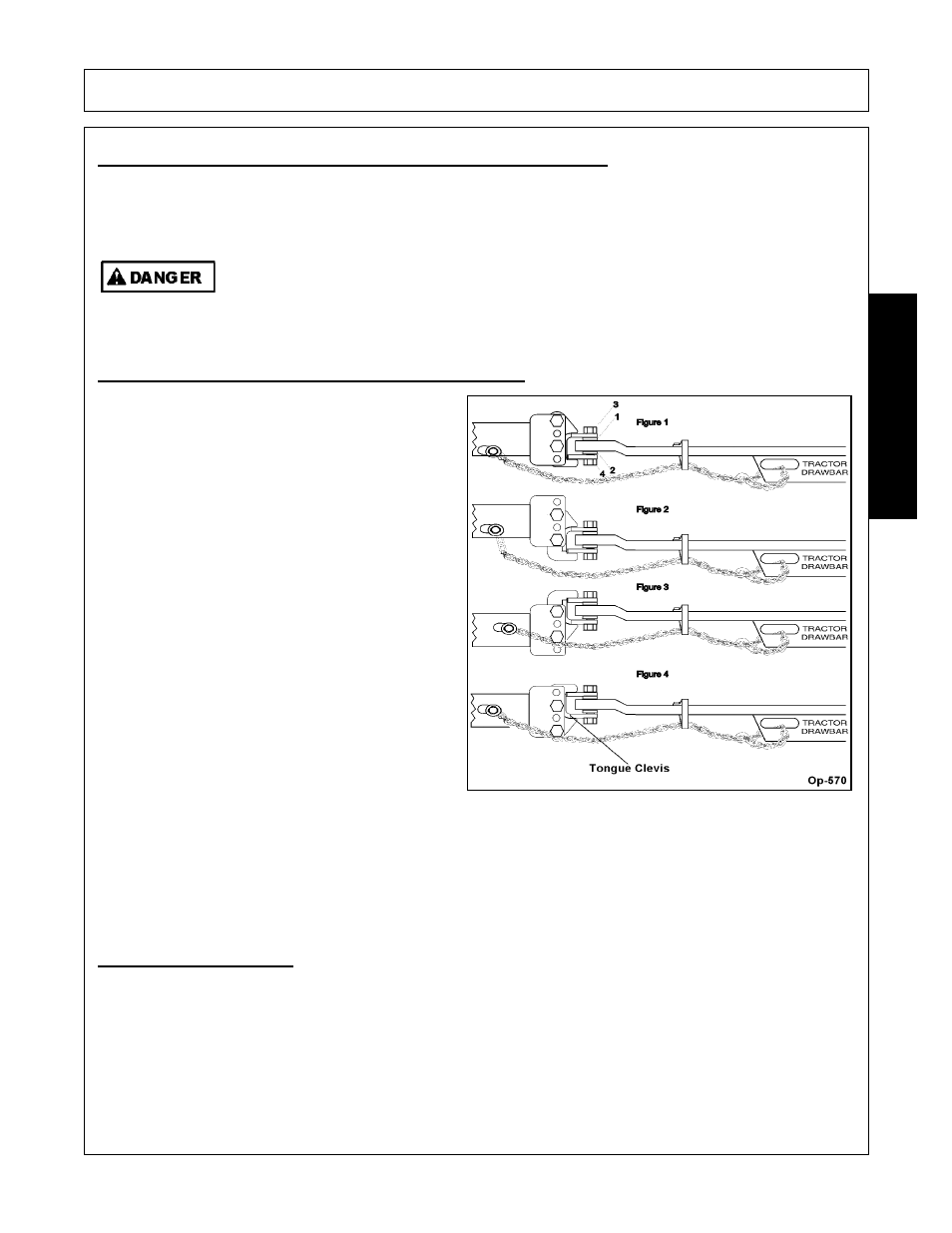 Connecting the mower to the tractor, 1 connecting the mower tongue to the tractor, 2 safety tow chains | Operation, Opera t ion | Alamo RHINO TX235 User Manual | Page 103 / 150