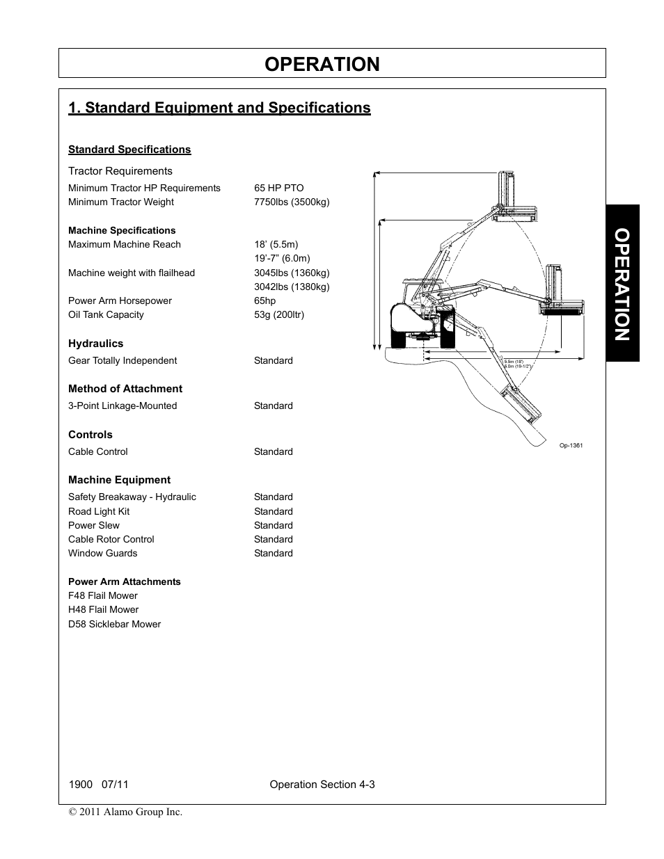 Standard equipment and specifications, Standard specifications, Standard equipment and specifications -3 | Operation, Opera t ion | Alamo RHINO 1900 User Manual | Page 113 / 198