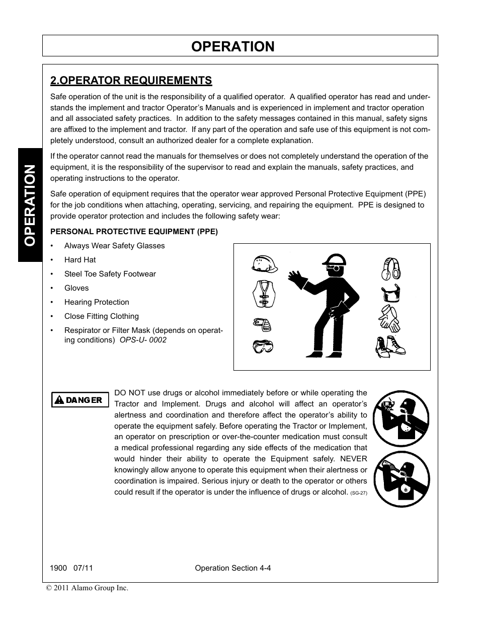 Operator requirements, Operator requirements -4, Operation | Opera t ion | Alamo RHINO 1900 User Manual | Page 114 / 198