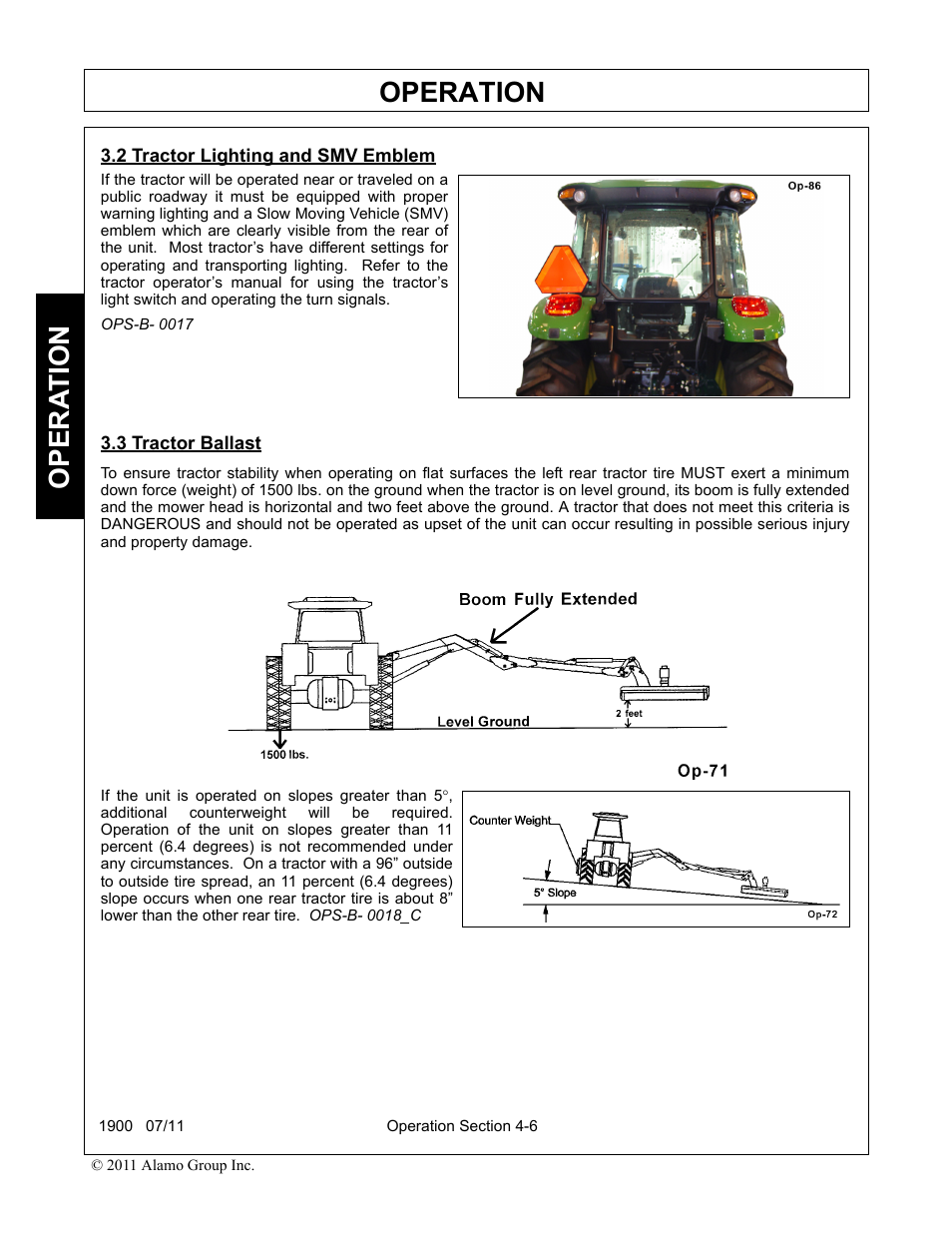 2 tractor lighting and smv emblem, 3 tractor ballast, Operation | Opera t ion | Alamo RHINO 1900 User Manual | Page 116 / 198