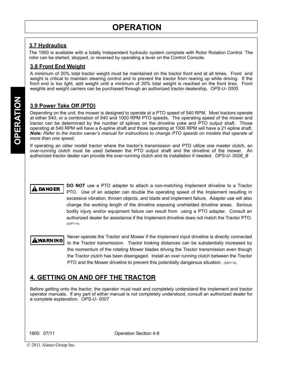 7 hydraulics, 8 front end weight, 9 power take off (pto) | Getting on and off the tractor, Operation, Opera t ion | Alamo RHINO 1900 User Manual | Page 118 / 198