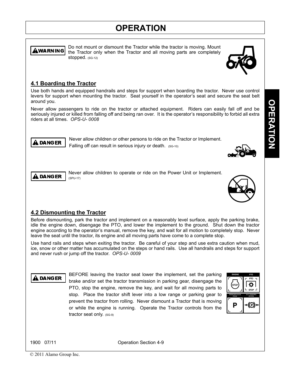 1 boarding the tractor, 2 dismounting the tractor, Boarding the tractor -9 dismounting the tractor -9 | Operation, Opera t ion | Alamo RHINO 1900 User Manual | Page 119 / 198