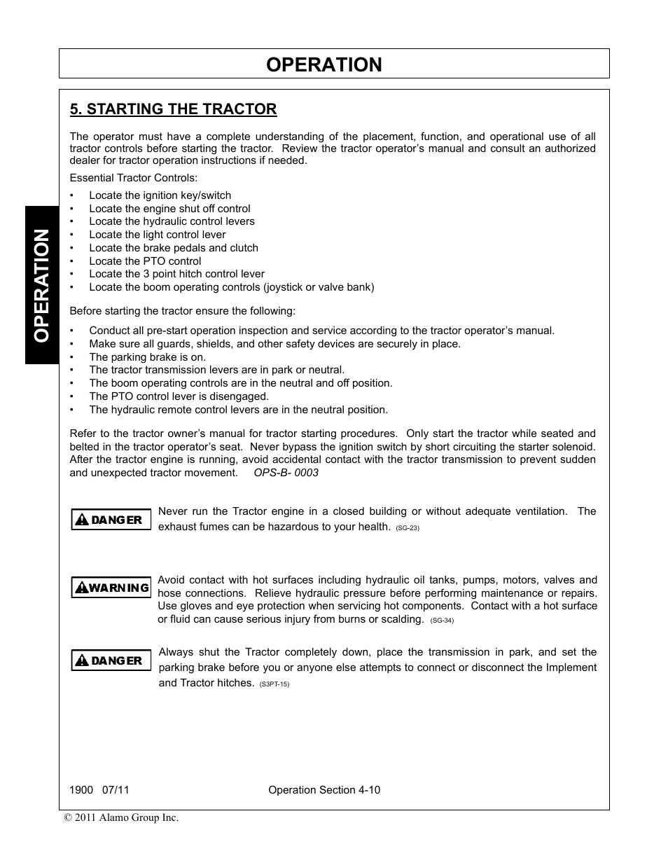 Starting the tractor, Starting the tractor -10, Operation | Opera t ion | Alamo RHINO 1900 User Manual | Page 120 / 198