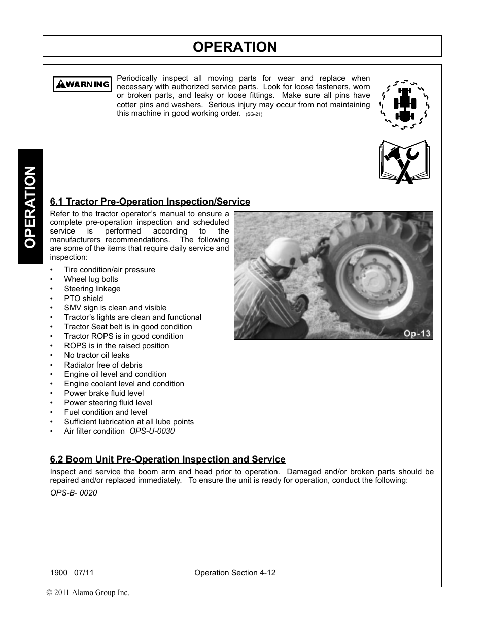 1 tractor pre-operation inspection/service, 2 boom unit pre-operation inspection and service, Operation | Opera t ion | Alamo RHINO 1900 User Manual | Page 122 / 198