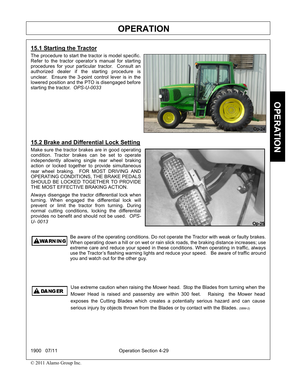 1 starting the tractor, 2 brake and differential lock setting, Operation | Opera t ion | Alamo RHINO 1900 User Manual | Page 139 / 198