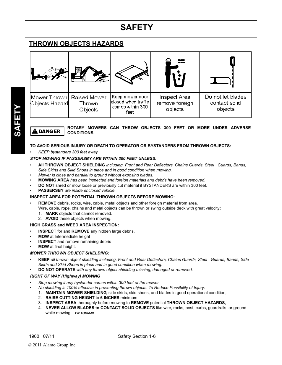Thrown objects hazards, Mark objects that cannot removed, Avoid these objects when mowing | Thrown objects hazards -6, Safety | Alamo RHINO 1900 User Manual | Page 14 / 198