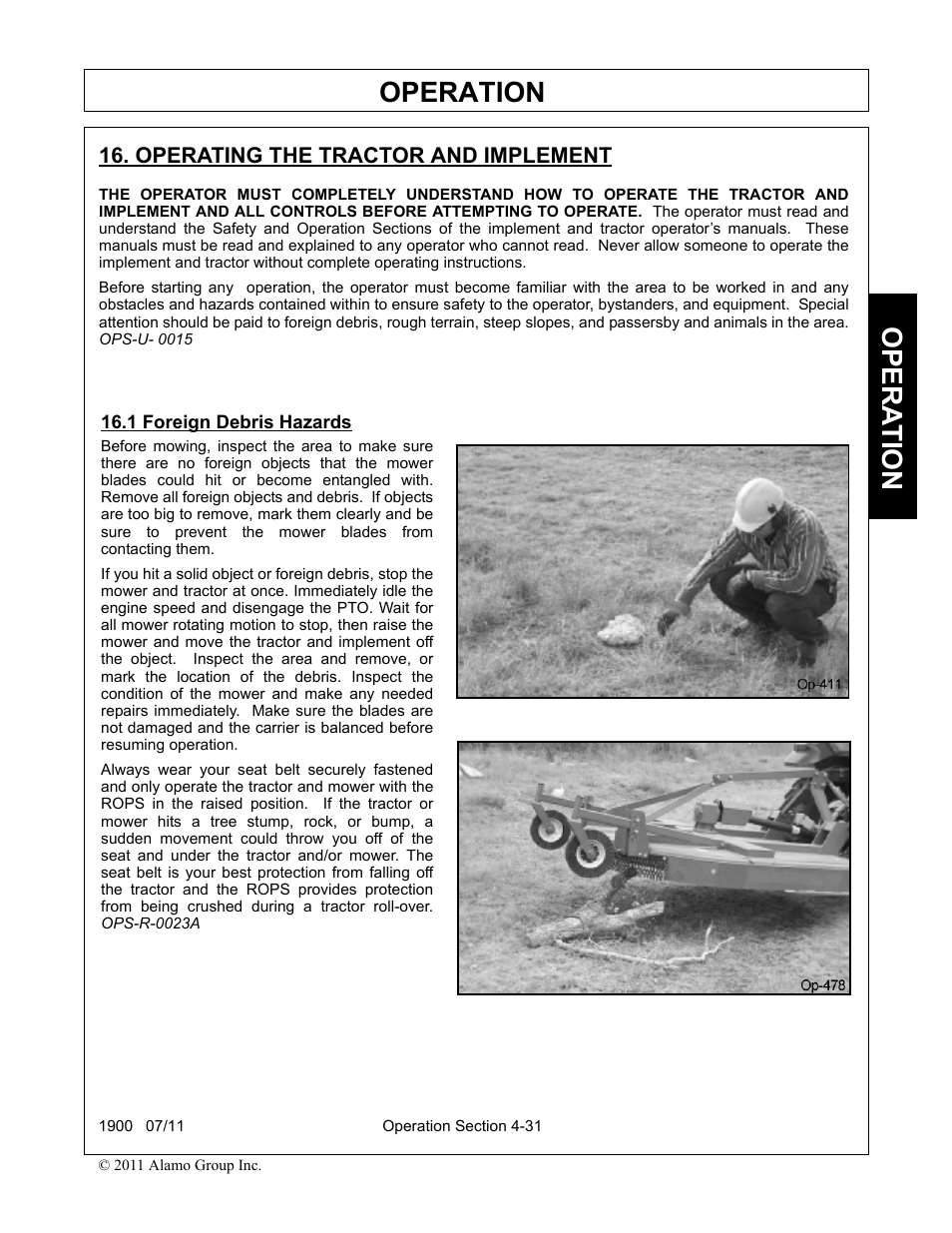 Operating the tractor and implement, 1 foreign debris hazards, Operation | Opera t ion | Alamo RHINO 1900 User Manual | Page 141 / 198