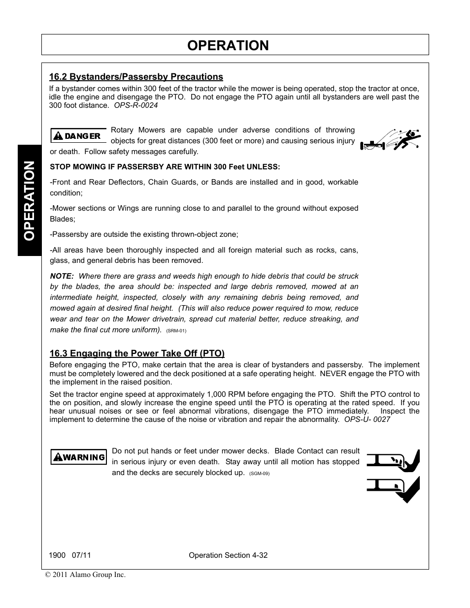 2 bystanders/passersby precautions, 3 engaging the power take off (pto), Operation | Opera t ion | Alamo RHINO 1900 User Manual | Page 142 / 198