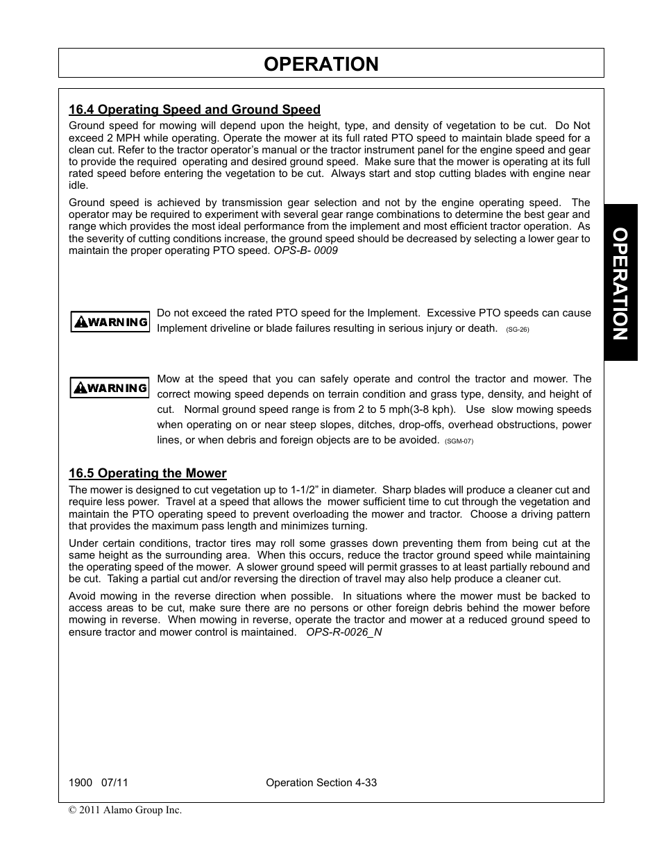 4 operating speed and ground speed, 5 operating the mower, Operation | Opera t ion | Alamo RHINO 1900 User Manual | Page 143 / 198