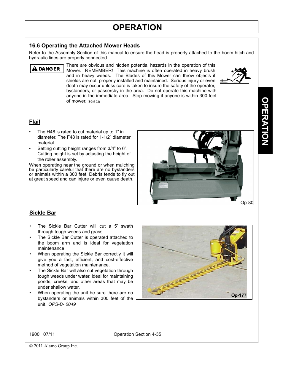6 operating the attached mower heads, Operating the attached mower heads -35, Operation | Opera t ion | Alamo RHINO 1900 User Manual | Page 145 / 198