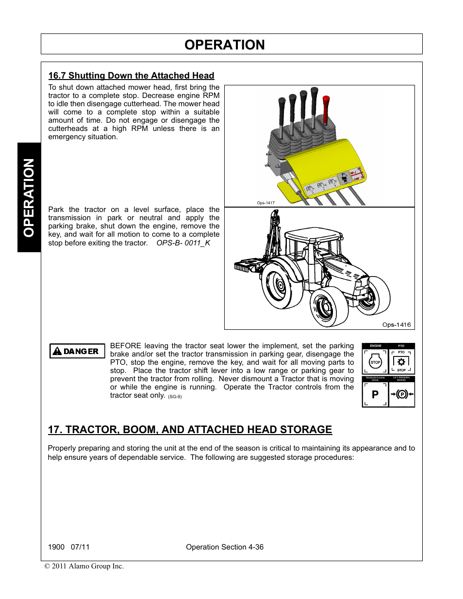 7 shutting down the attached head, Tractor, boom, and attached head storage, Operation | Opera t ion | Alamo RHINO 1900 User Manual | Page 146 / 198