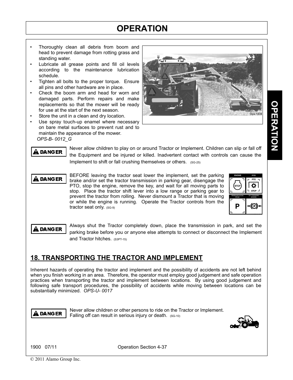 Transporting the tractor and implement, Transporting the tractor and implement -37, Operation | Opera t ion | Alamo RHINO 1900 User Manual | Page 147 / 198
