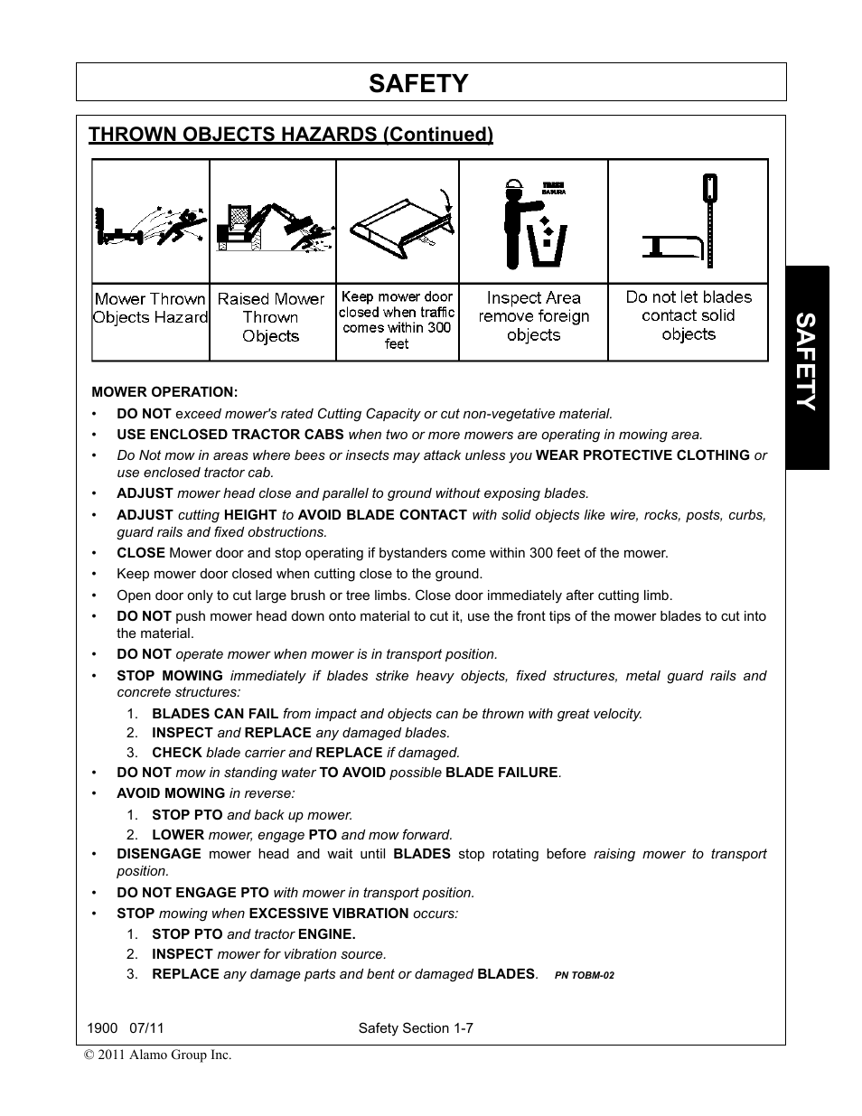 Thrown objects hazards (continued), Inspect and replace any damaged blades, Check blade carrier and replace if damaged | Thrown objects hazards (continued) -7, Safety | Alamo RHINO 1900 User Manual | Page 15 / 198
