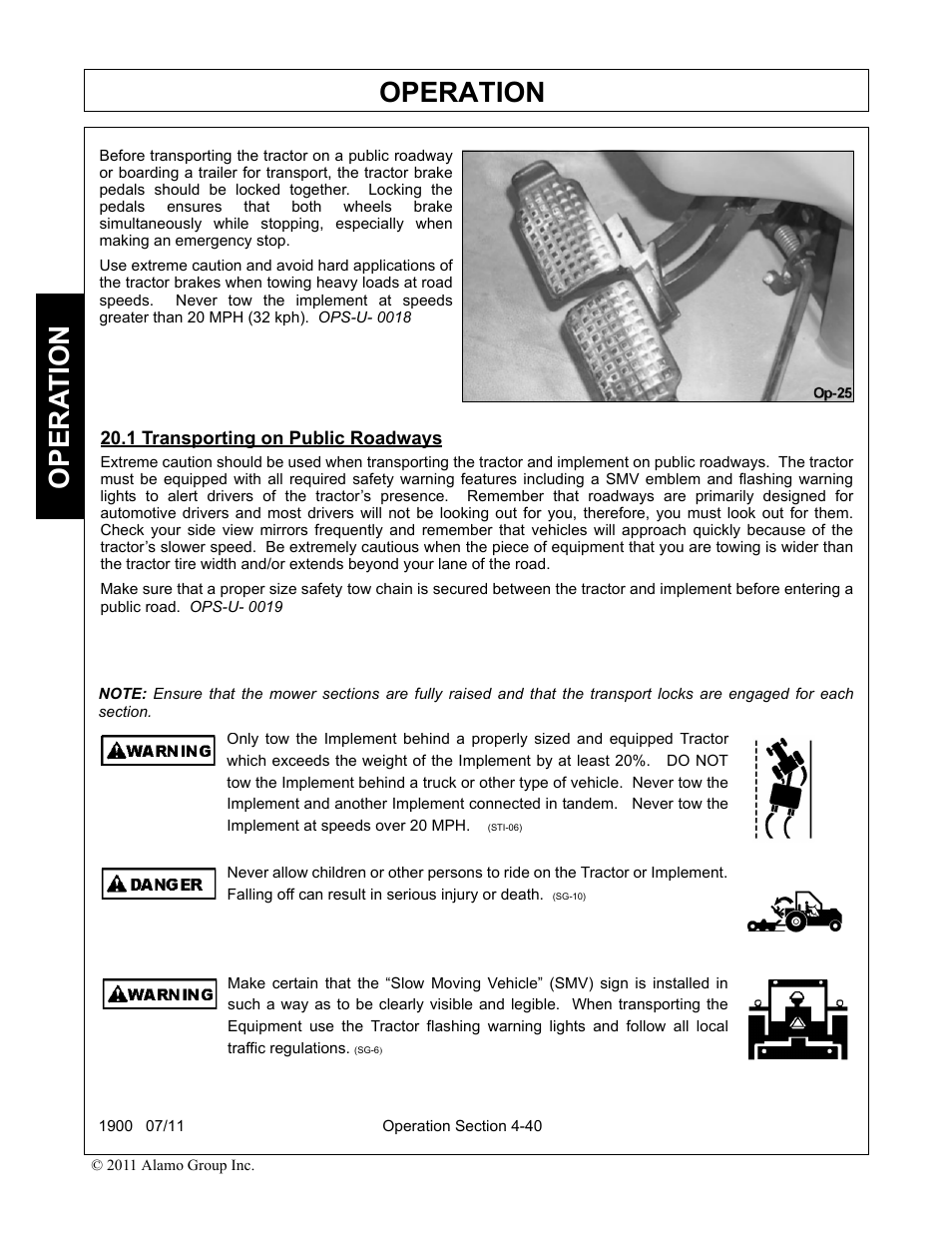 1 transporting on public roadways, Transporting on public roadways -40, Operation | Opera t ion | Alamo RHINO 1900 User Manual | Page 150 / 198