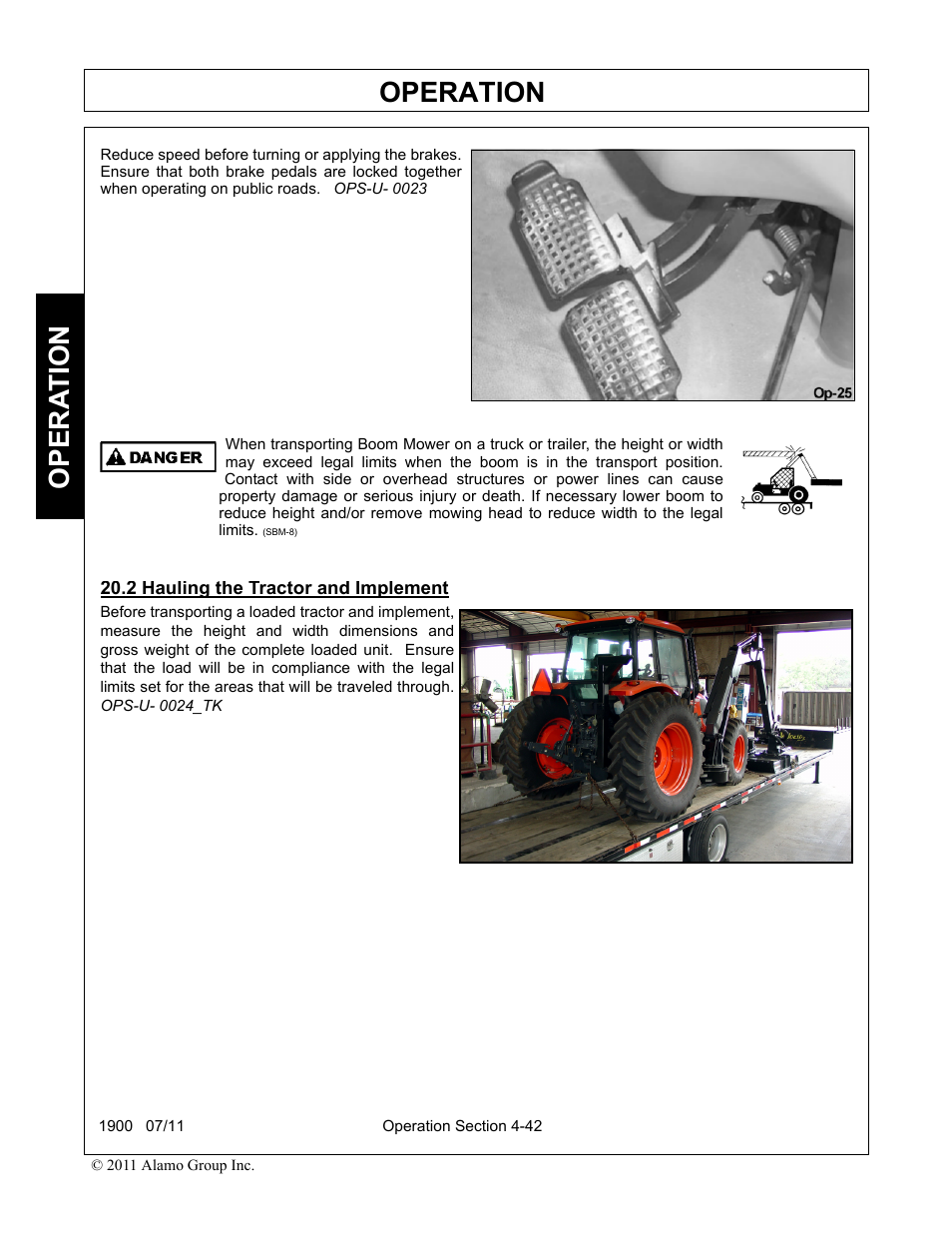 2 hauling the tractor and implement, Hauling the tractor and implement -42, Operation | Opera t ion | Alamo RHINO 1900 User Manual | Page 152 / 198